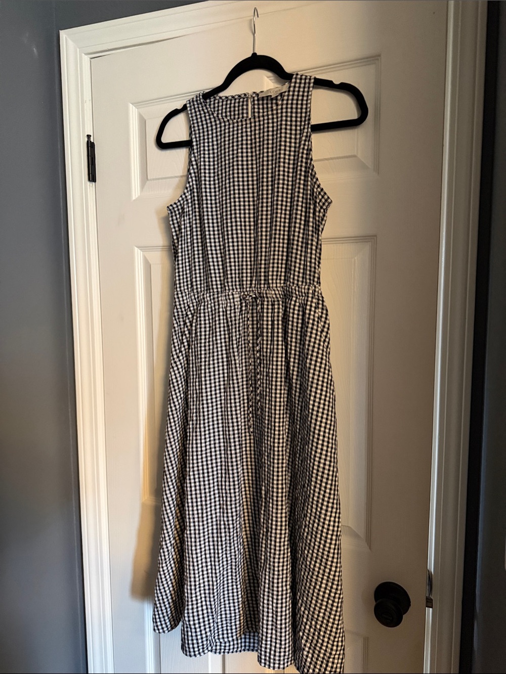 Girls Black and White Gingham Midi Dress with Drawstring Waist